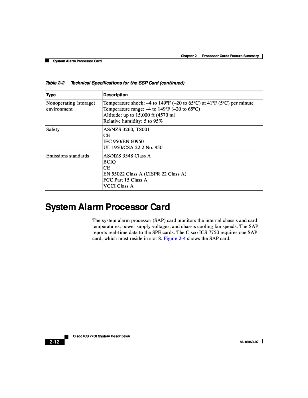 Cisco Systems ICS-7750 manual System Alarm Processor Card, 2-12, 2 Technical Specifications for the SSP Card continued 