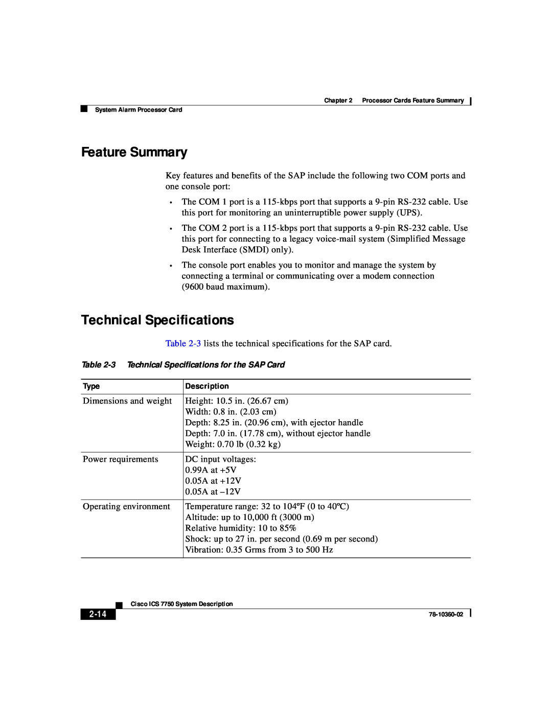 Cisco Systems ICS-7750 manual Feature Summary, 2-14, 3 Technical Specifications for the SAP Card 