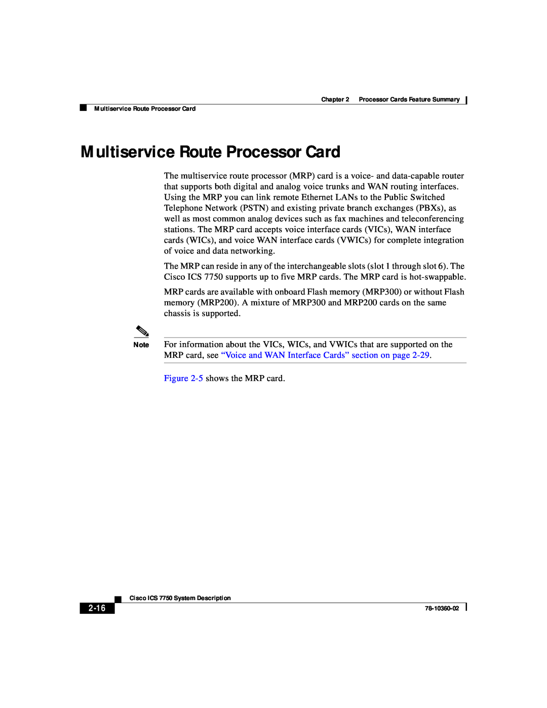 Cisco Systems ICS-7750 manual Multiservice Route Processor Card, 2-16 