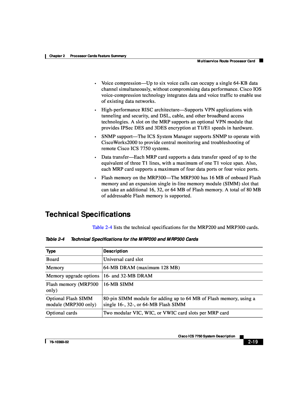 Cisco Systems ICS-7750 manual 2-19, 4 Technical Specifications for the MRP200 and MRP300 Cards 