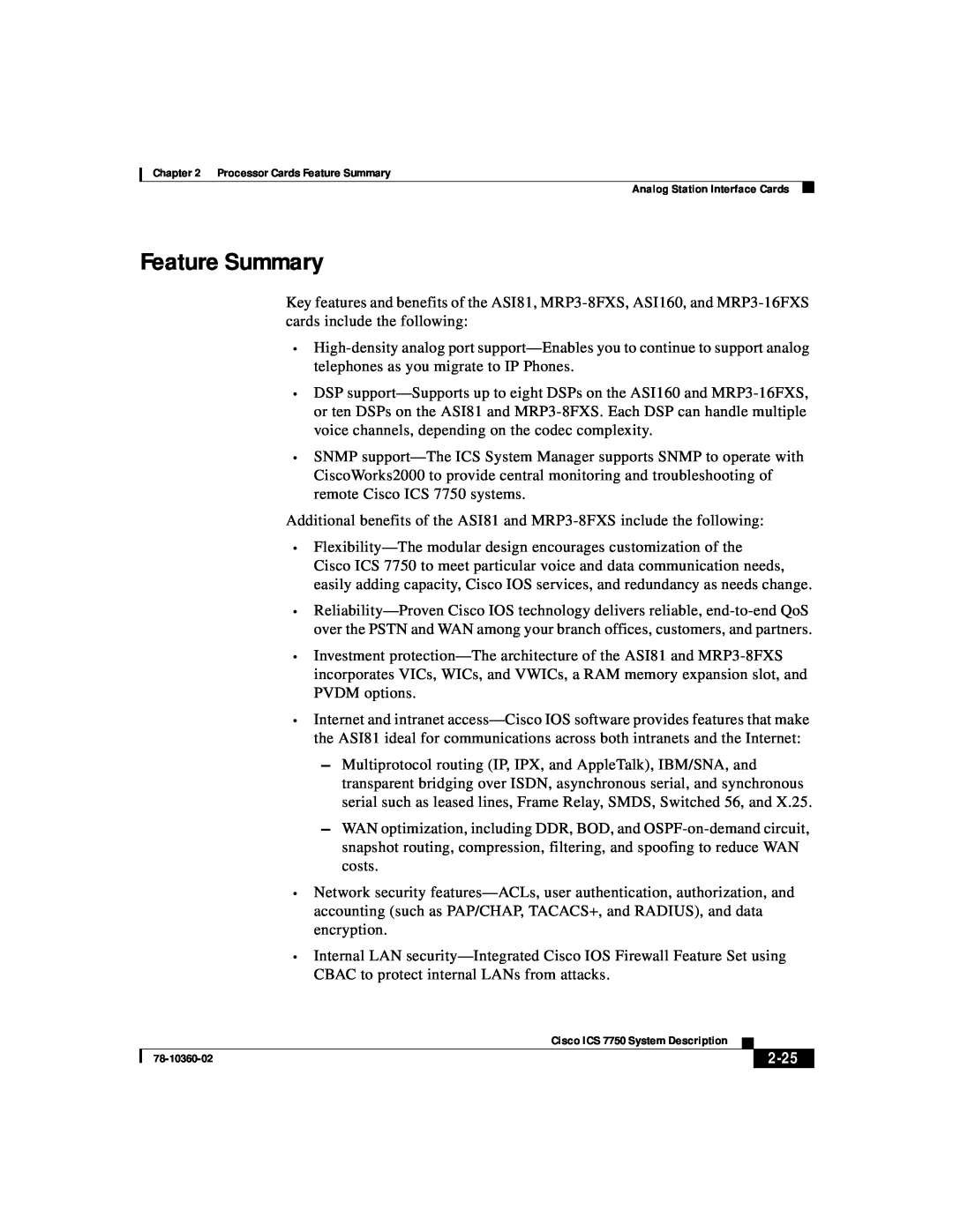 Cisco Systems ICS-7750 manual Feature Summary, 2-25 