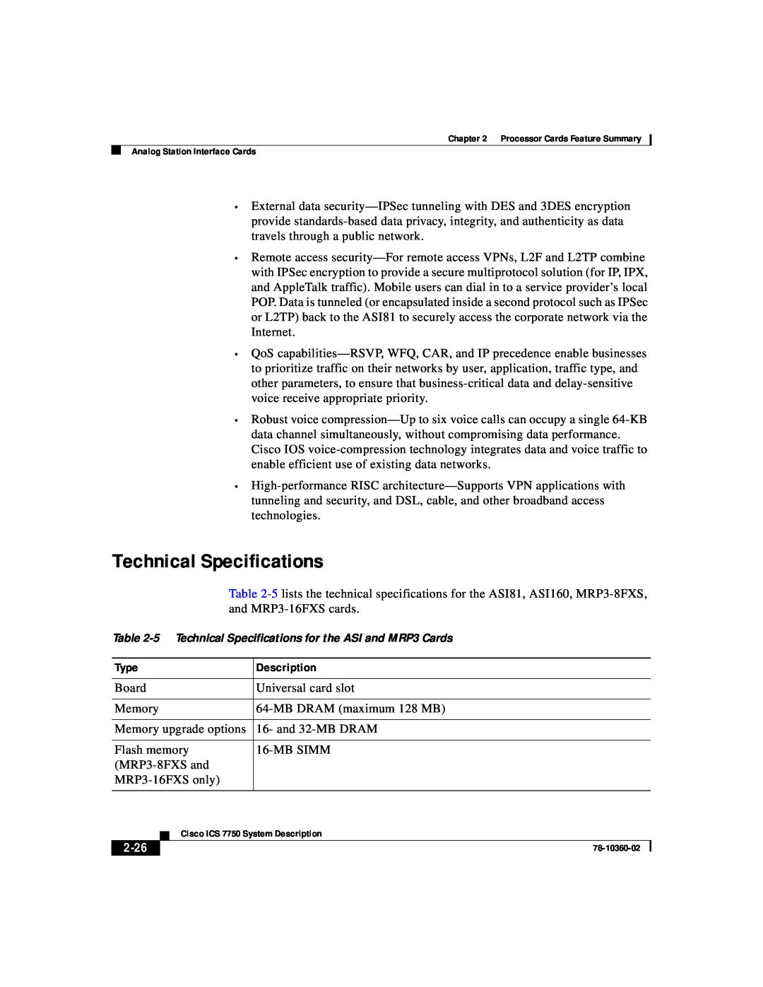 Cisco Systems ICS-7750 manual 2-26, 5 Technical Specifications for the ASI and MRP3 Cards 