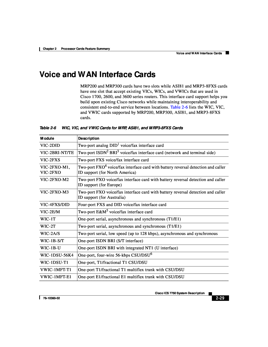 Cisco Systems ICS-7750 manual Voice and WAN Interface Cards, 2-29 