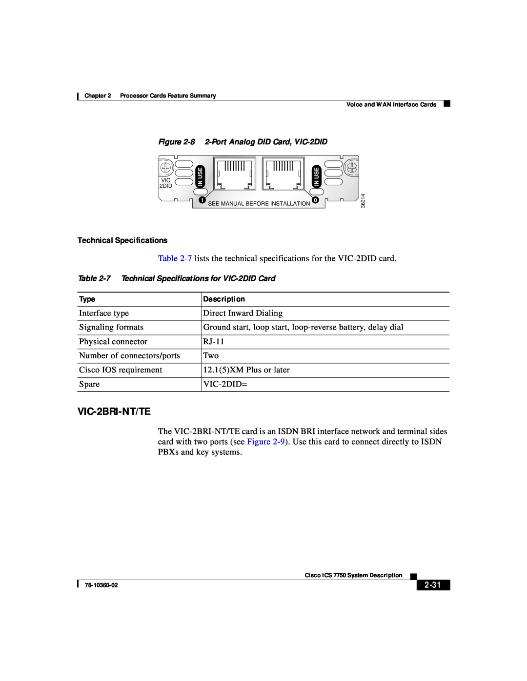 Cisco Systems ICS-7750 manual VIC-2BRI-NT/TE, Technical Specifications, 2-31 