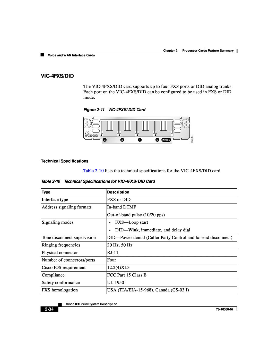 Cisco Systems ICS-7750 manual Technical Specifications, 2-34, 11 VIC-4FXS/DID Card 