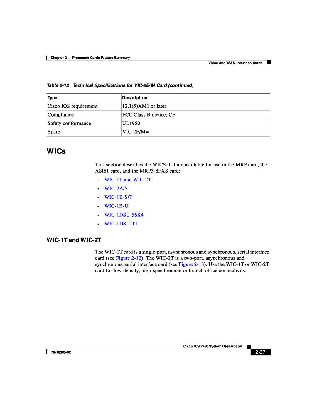Cisco Systems ICS-7750 manual WICs, WIC-1T and WIC-2T WIC-2A/S WIC-1B-S/T WIC-1B-U WIC-1DSU-56K4, WIC-1DSU-T1, 2-37 