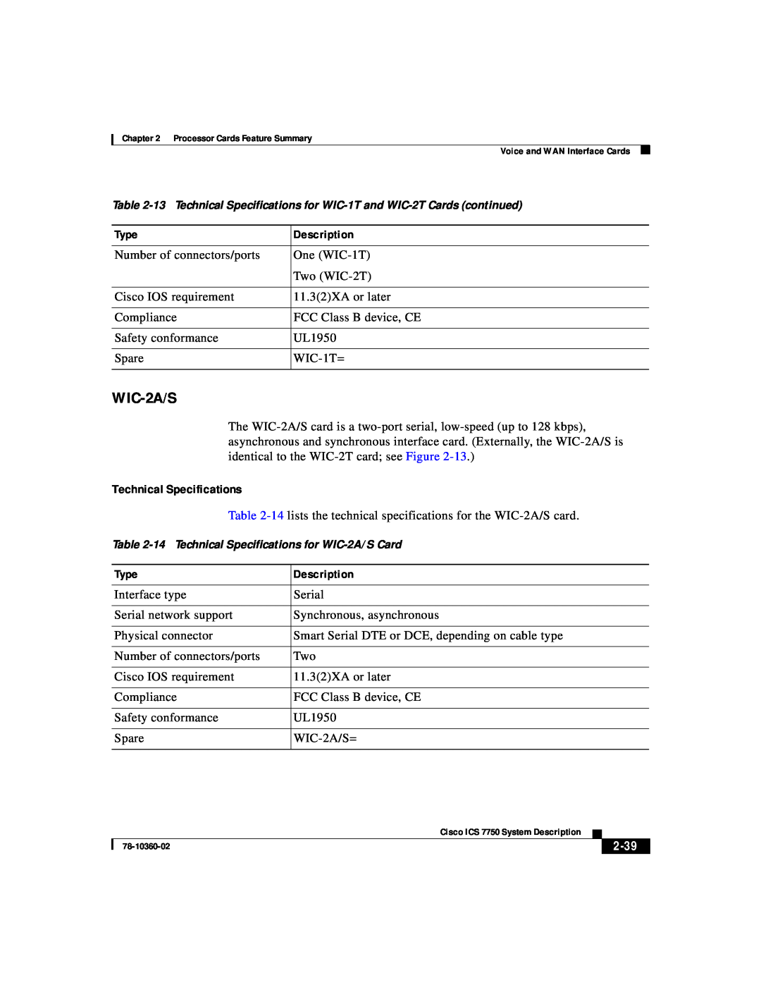 Cisco Systems ICS-7750 manual 2-39, 14 Technical Specifications for WIC-2A/S Card 