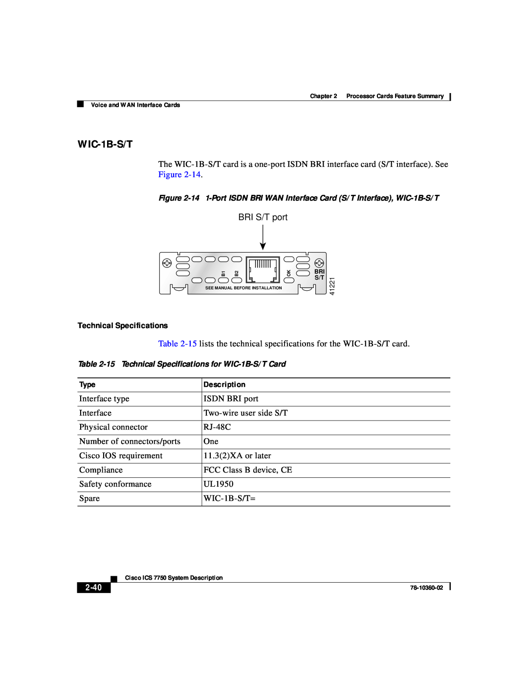 Cisco Systems ICS-7750 manual WIC-1B-S/T, BRI S/T port, Technical Specifications, 2-40 
