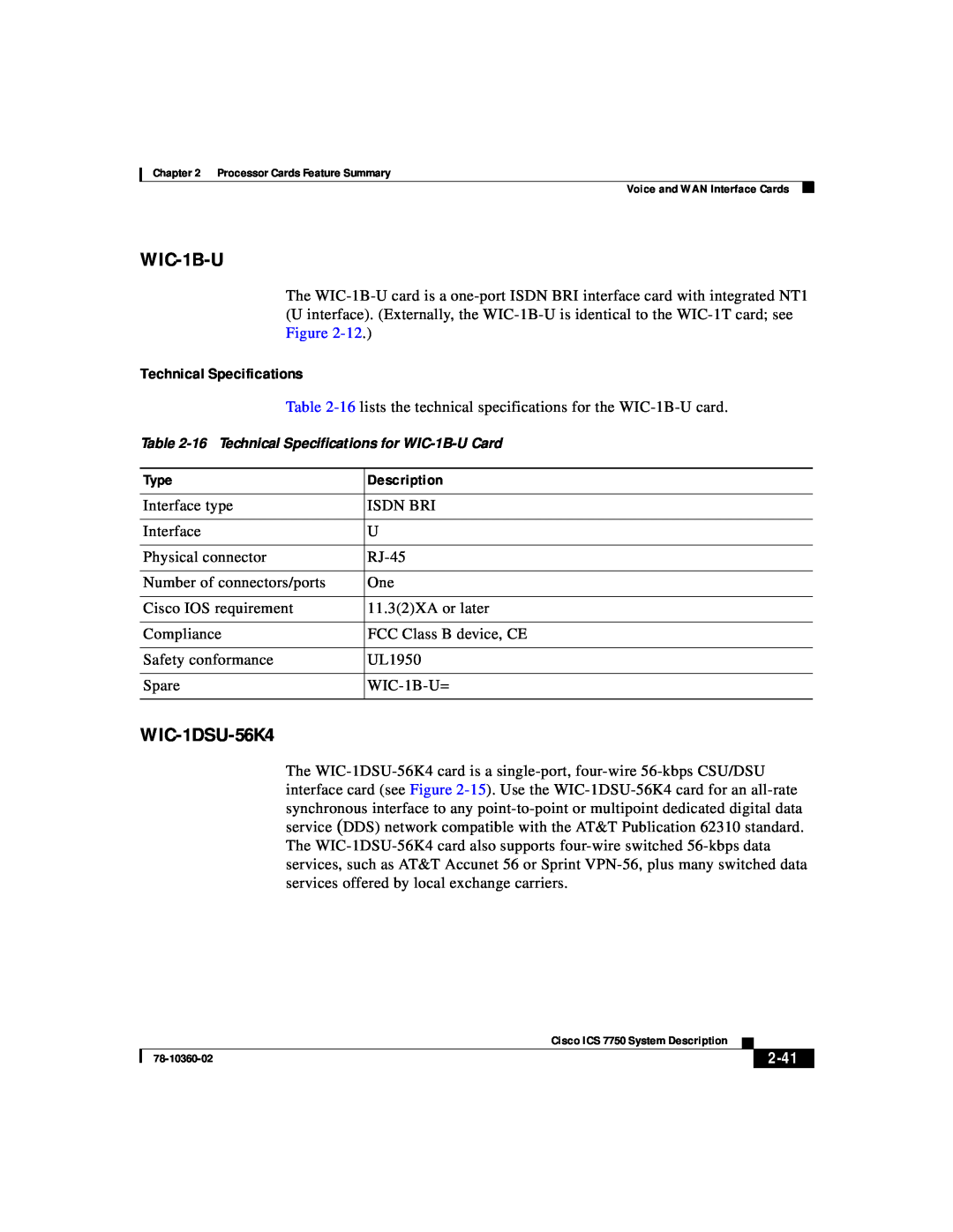Cisco Systems ICS-7750 manual WIC-1B-U, WIC-1DSU-56K4, Technical Specifications, 2-41 