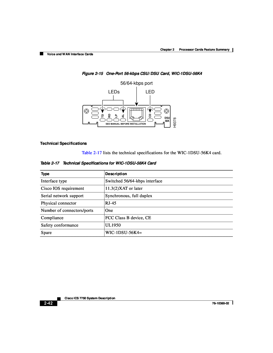 Cisco Systems ICS-7750 manual 56/64-kbps port, LEDs, Technical Specifications, 2-42 