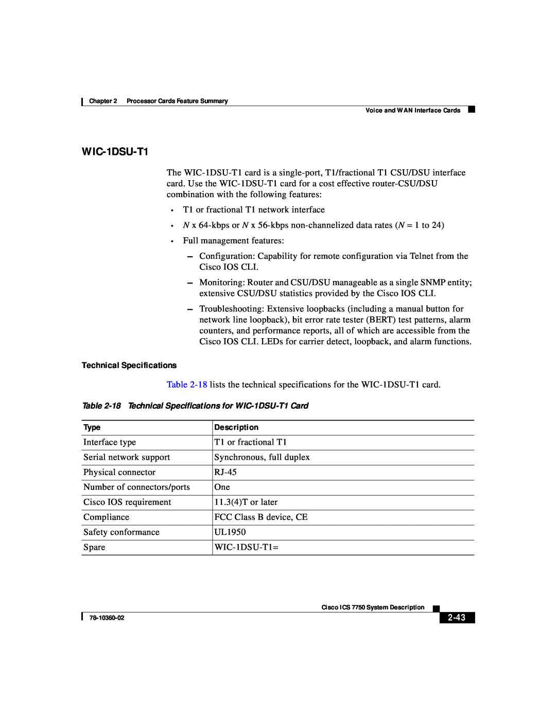 Cisco Systems ICS-7750 manual 2-43, 18 Technical Specifications for WIC-1DSU-T1 Card 