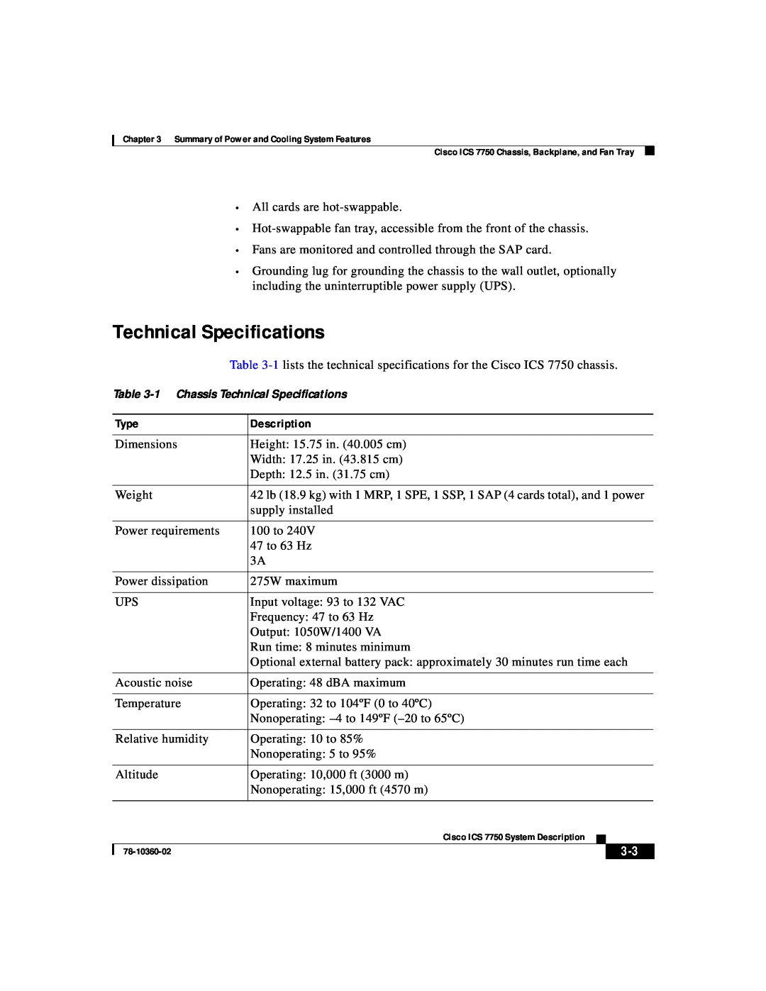 Cisco Systems ICS-7750 manual 1 Chassis Technical Specifications 