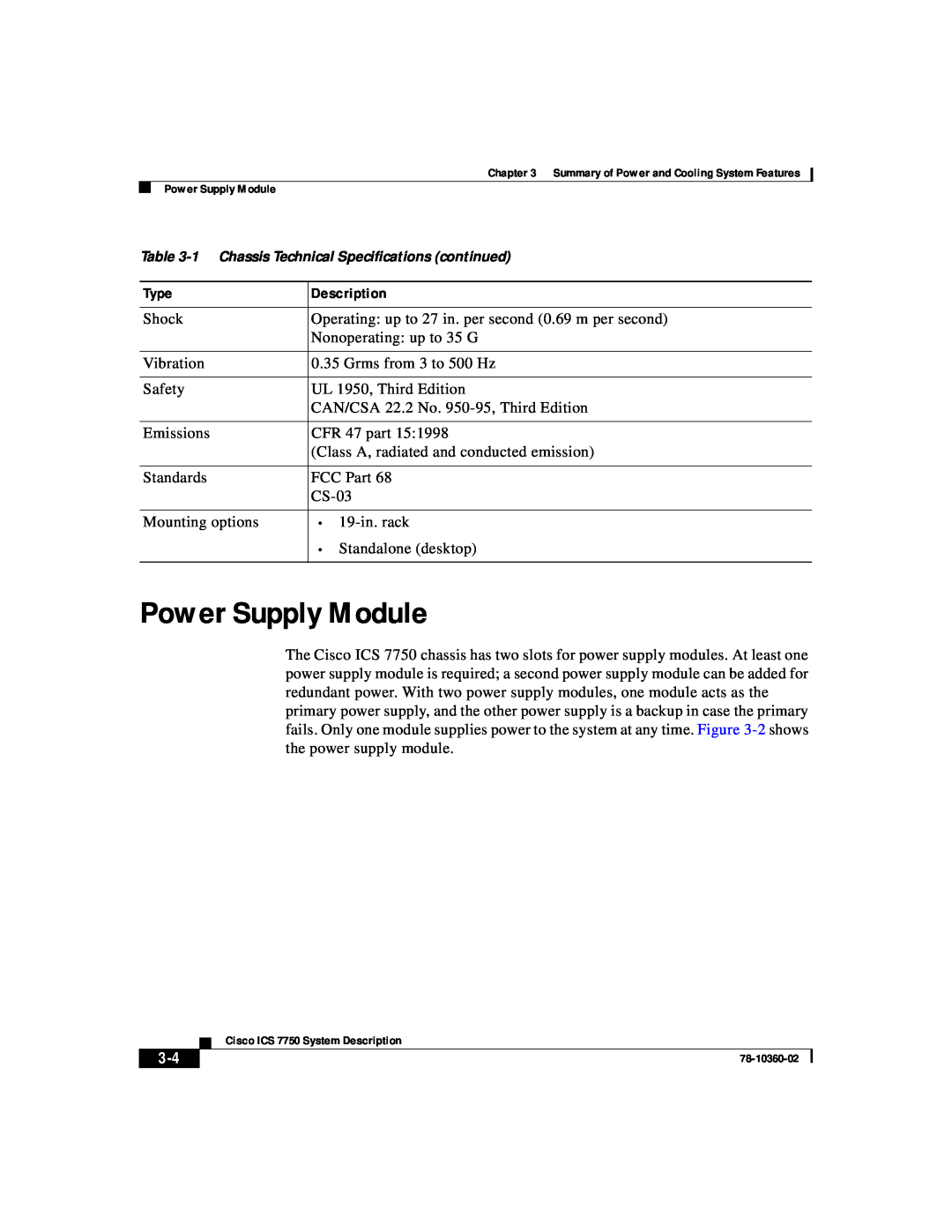 Cisco Systems ICS-7750 manual Power Supply Module, 1 Chassis Technical Specifications continued 