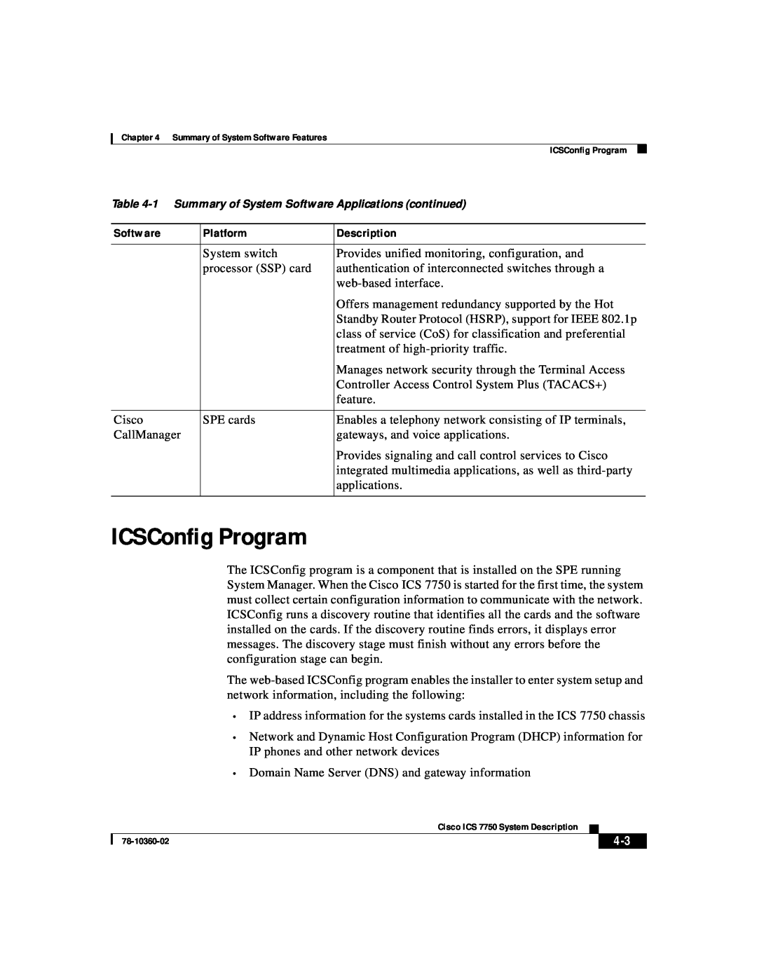 Cisco Systems ICS-7750 manual ICSConfig Program, 1 Summary of System Software Applications continued 