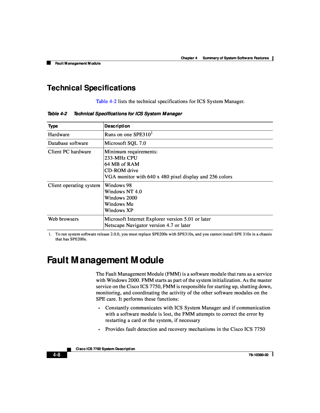 Cisco Systems ICS-7750 manual Fault Management Module, Technical Specifications 