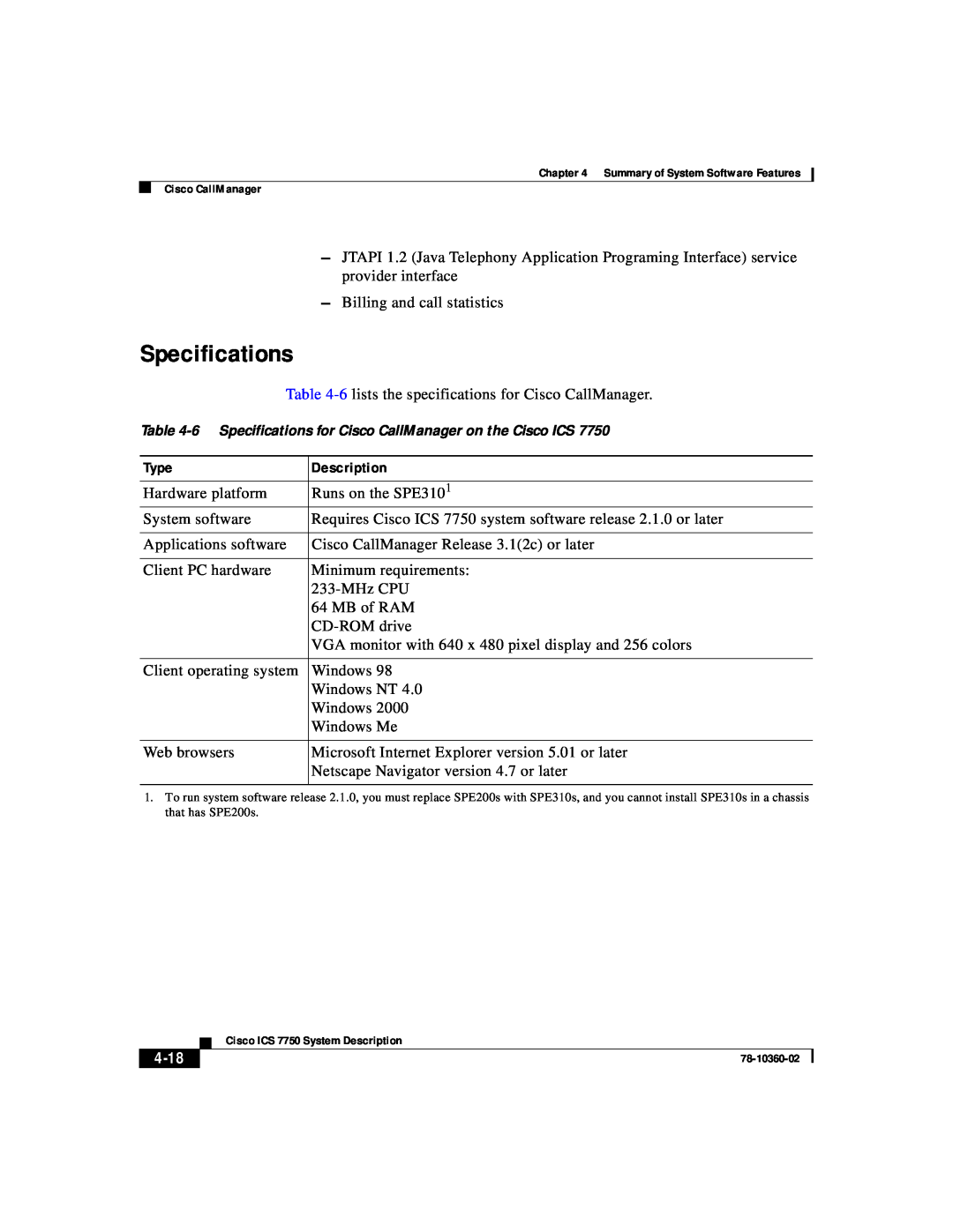 Cisco Systems ICS-7750 manual 4-18, 6 Specifications for Cisco CallManager on the Cisco ICS 