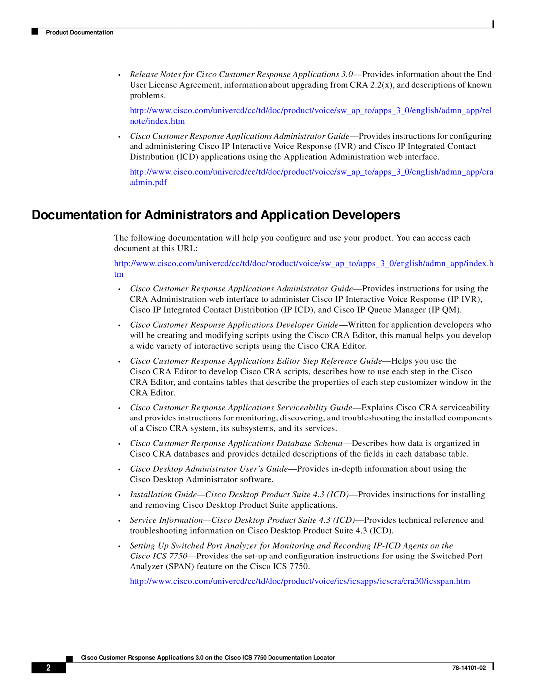 Cisco Systems ICS 7750 Documentation for Administrators and Application Developers, Product Documentation, 78-14101-02 