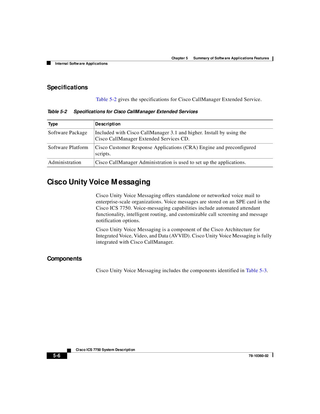 Cisco Systems ICS-7750 manual Cisco Unity Voice Messaging, Specifications, Components 