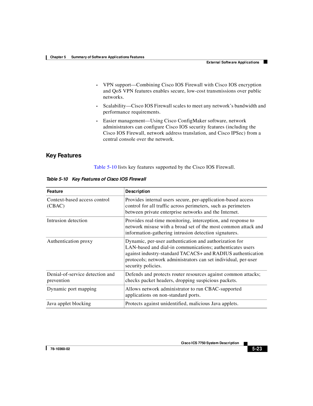 Cisco Systems ICS-7750 manual Key Features, Cbac 