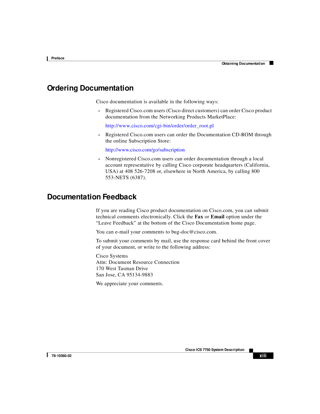 Cisco Systems ICS-7750 manual Ordering Documentation, Documentation Feedback 