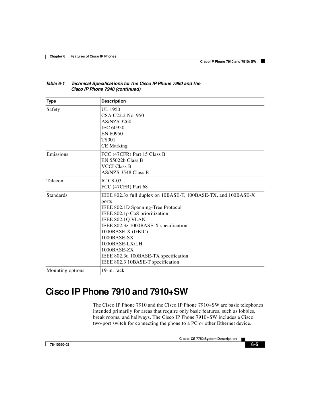 Cisco Systems ICS-7750 manual Cisco IP Phone 7910 and 7910+SW 