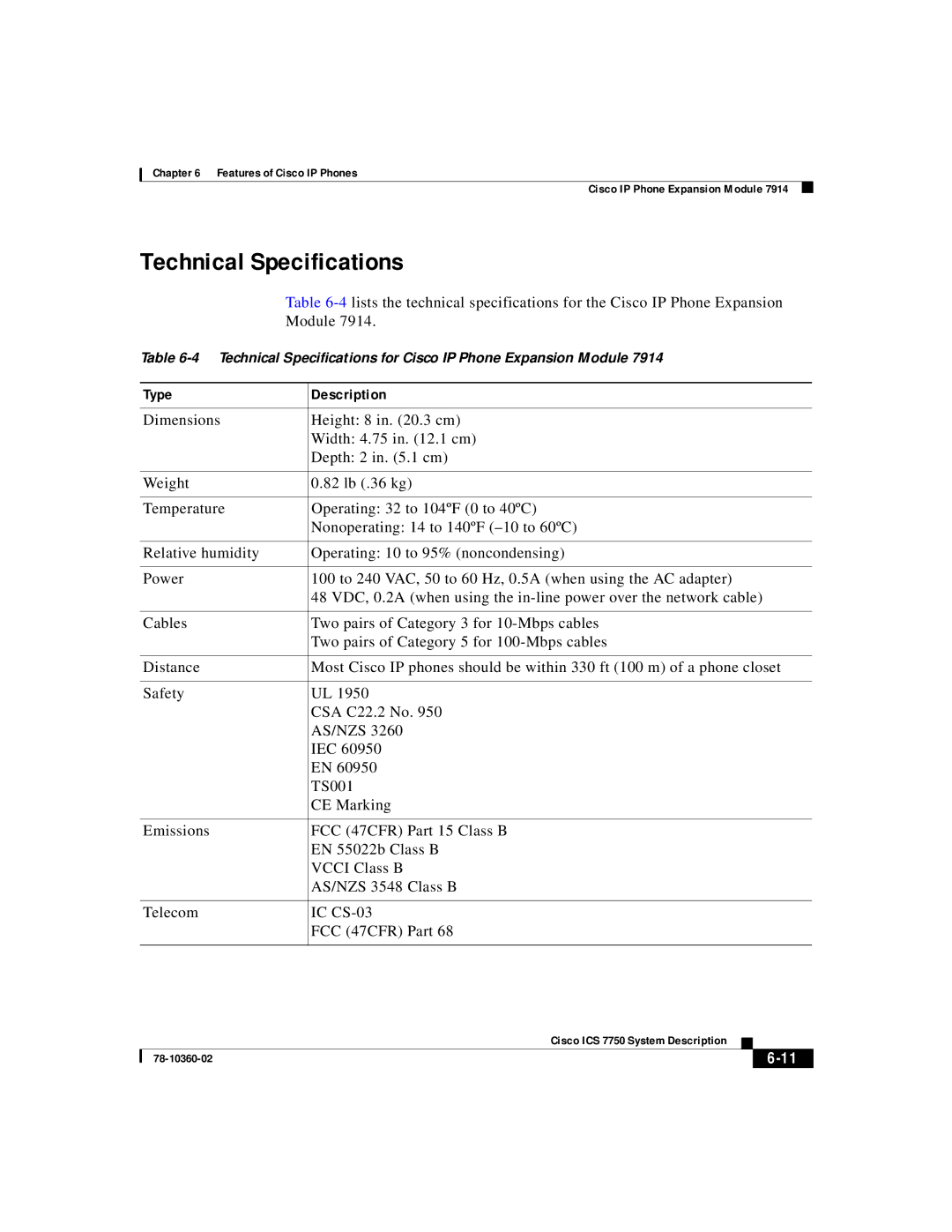 Cisco Systems ICS-7750 manual Technical Specifications for Cisco IP Phone Expansion Module 