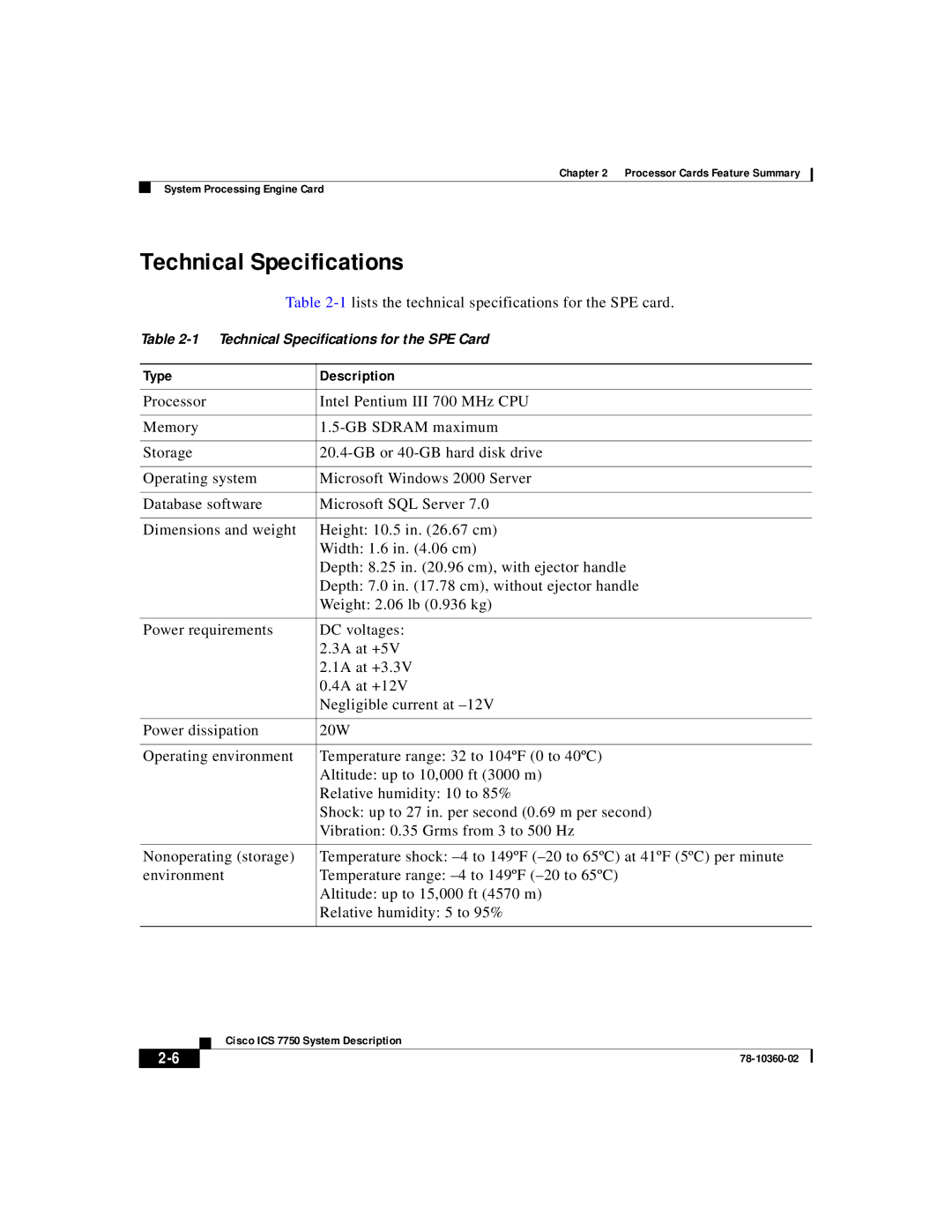 Cisco Systems ICS-7750 manual Technical Specifications, Type Description 