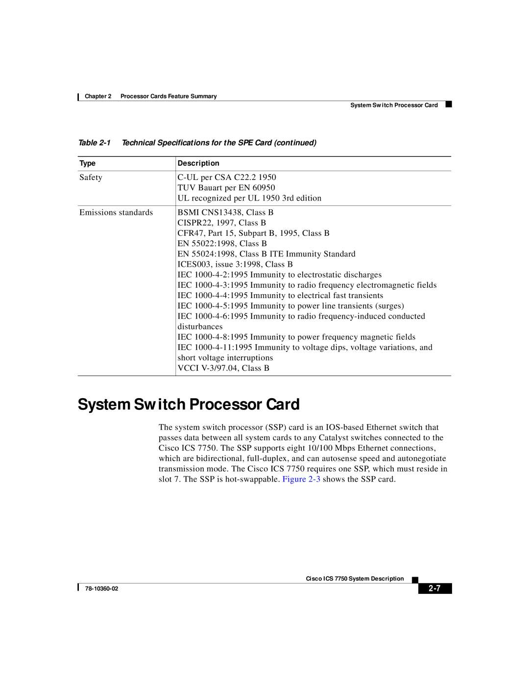 Cisco Systems ICS-7750 manual System Switch Processor Card 