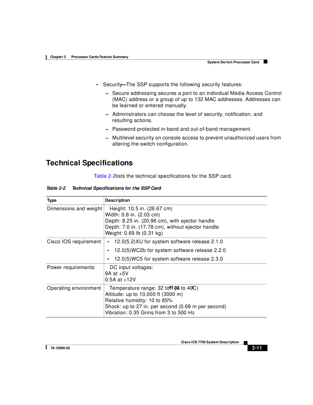 Cisco Systems ICS-7750 manual 2lists the technical specifications for the SSP card 