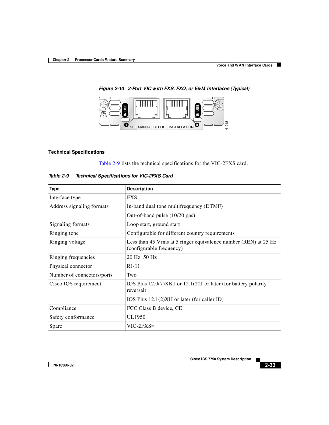 Cisco Systems ICS-7750 manual Fxs, VIC-2FXS= 