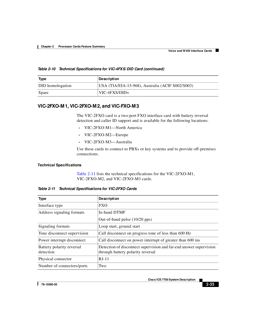 Cisco Systems ICS-7750 manual VIC-2FXO-M1, VIC-2FXO-M2, and VIC-FXO-M3, VIC-4FXS/DID=, Fxo 