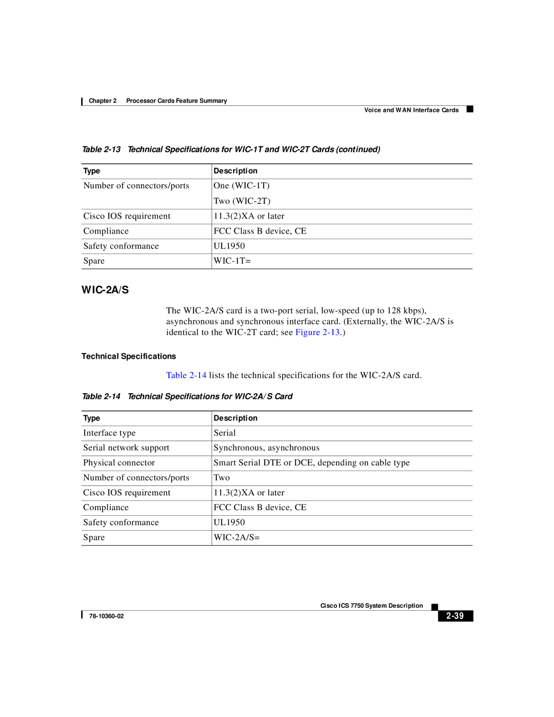 Cisco Systems ICS-7750 manual WIC-1T=, WIC-2A/S= 