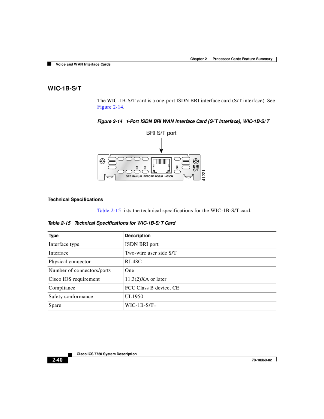 Cisco Systems ICS-7750 manual WIC-1B-S/T= 