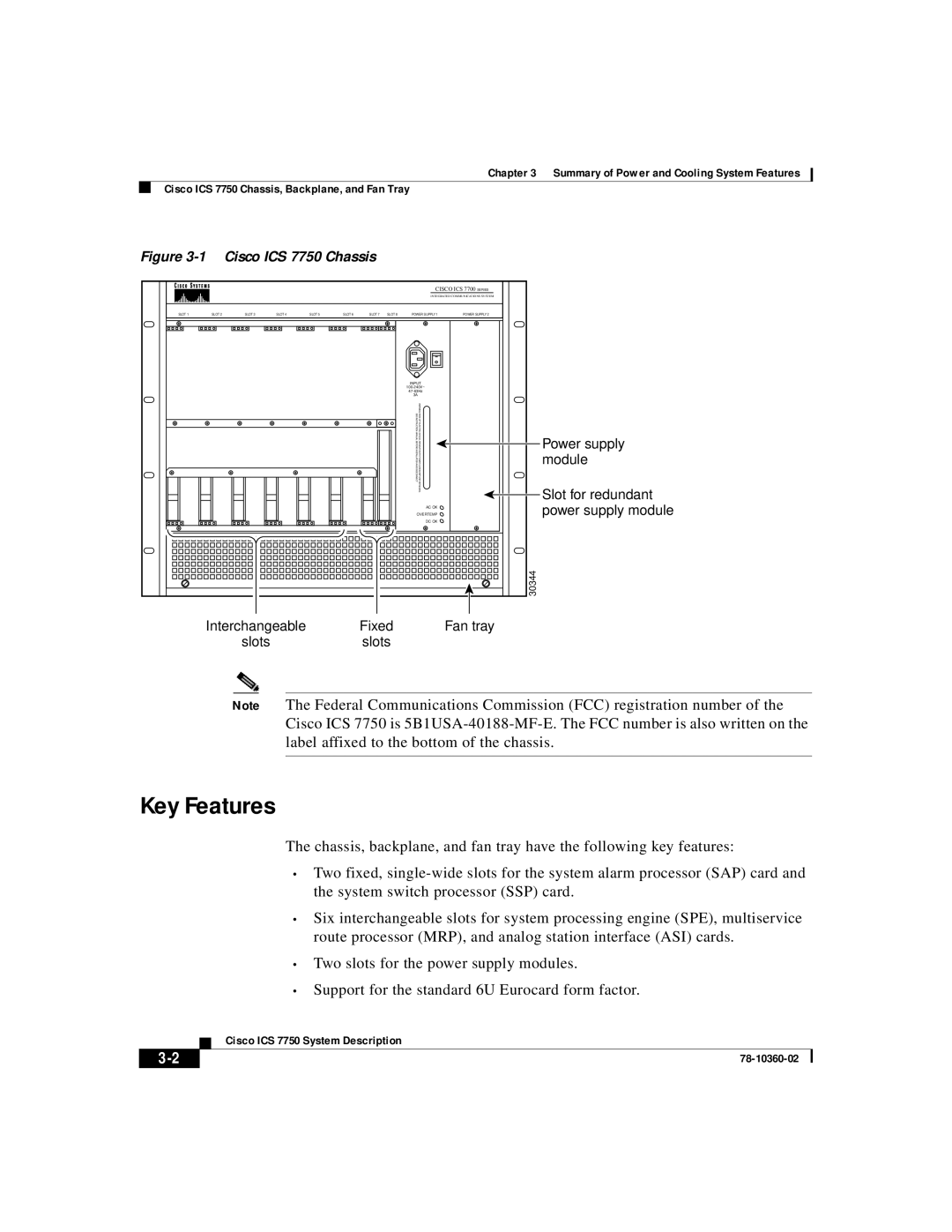 Cisco Systems ICS-7750 manual Key Features, Cisco ICS 7750 Chassis, Backplane, and Fan Tray 