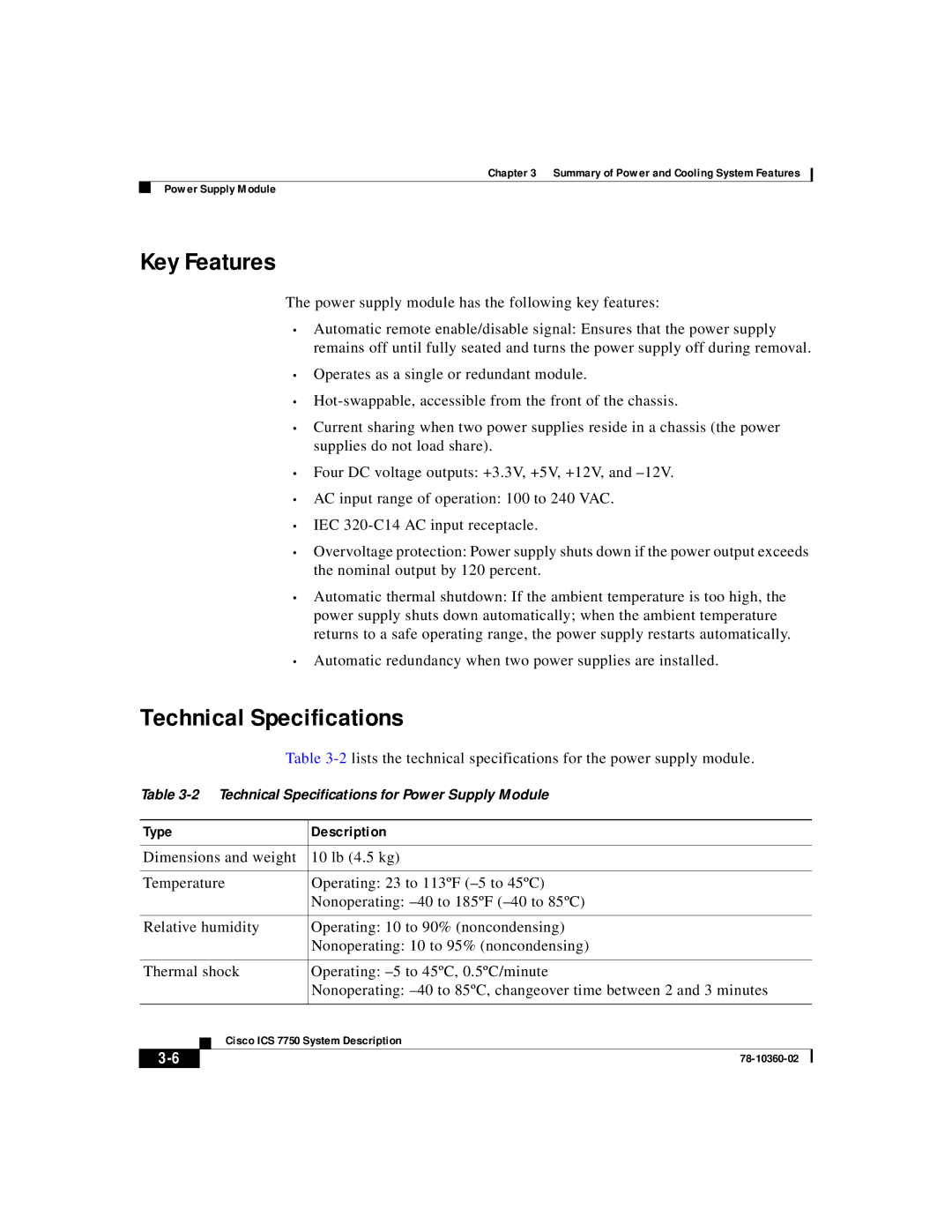 Cisco Systems ICS-7750 manual Technical Specifications for Power Supply Module 