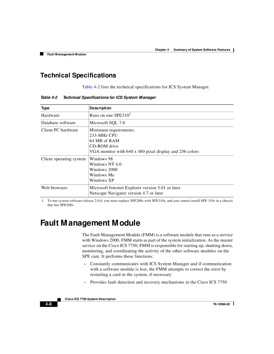 Cisco Systems ICS-7750 manual Fault Management Module, Technical Specifications 