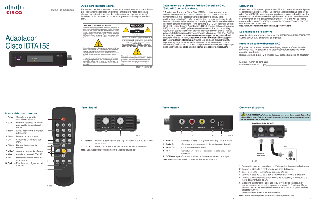 Cisco Systems IDTA153 manual Aviso para los instaladores, Bienvenido, La seguridad es lo primero, Panel lateral 