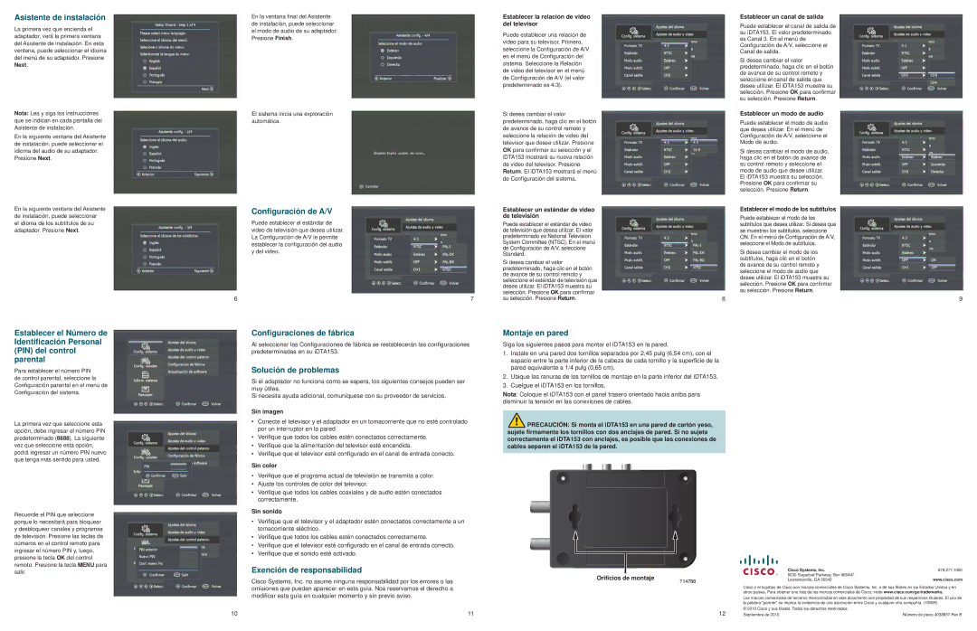 Cisco Systems IDTA153 Asistente de instalación, Conﬁguración de A/V, Conﬁguraciones de fábrica, Solución de problemas 