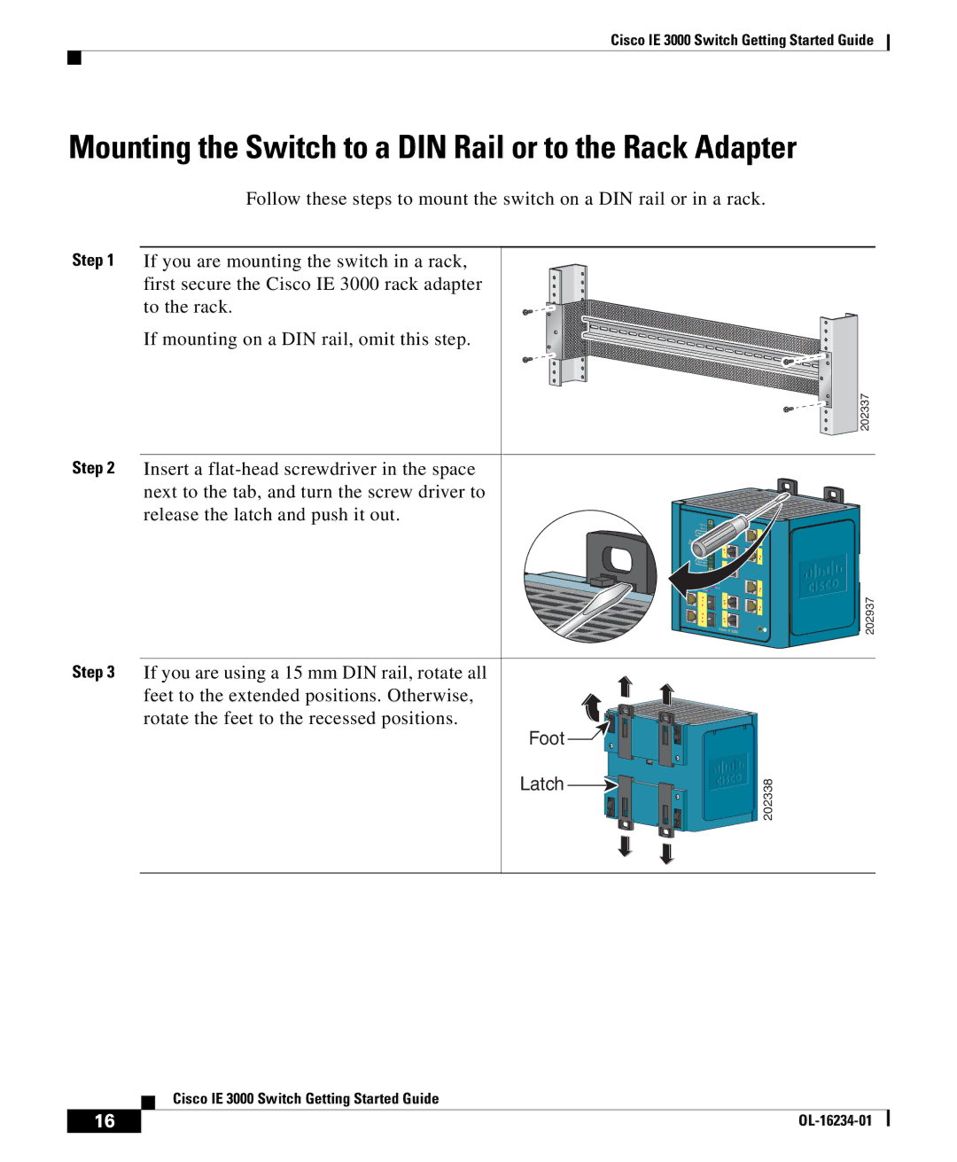 Cisco Systems IE 3000 warranty Mounting the Switch to a DIN Rail or to the Rack Adapter, Foot Latch 