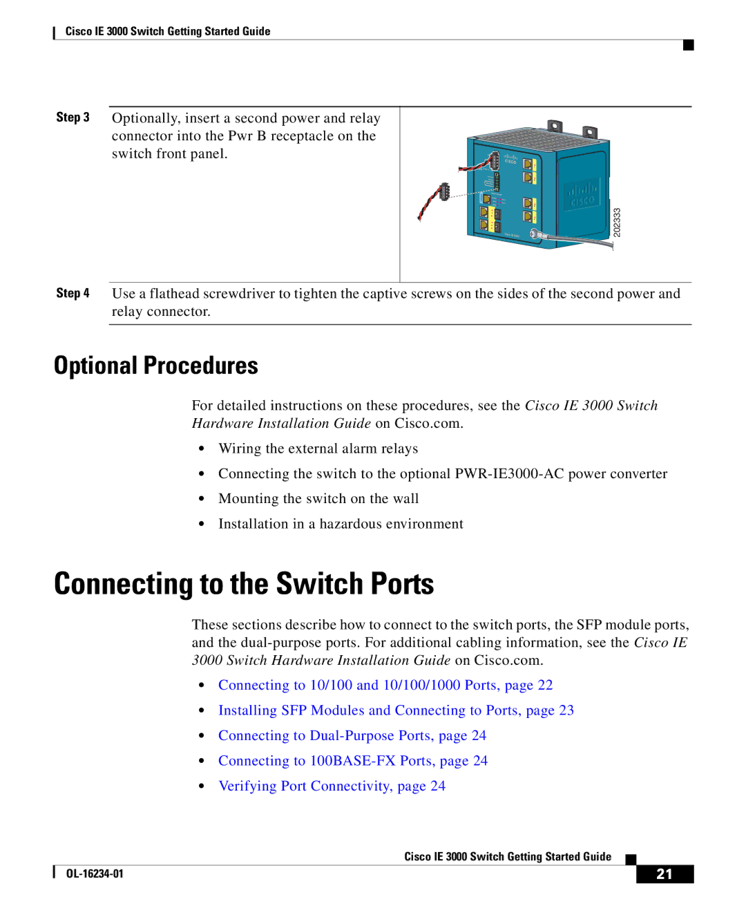 Cisco Systems IE 3000 warranty Connecting to the Switch Ports, Optional Procedures 