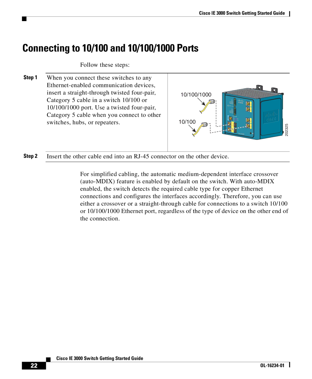 Cisco Systems IE 3000 warranty Connecting to 10/100 and 10/100/1000 Ports 