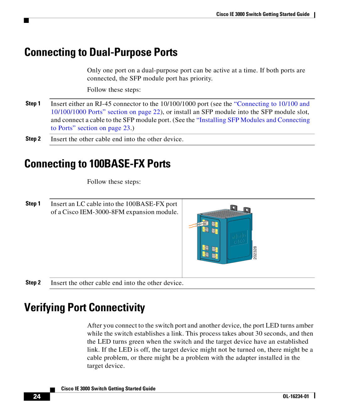 Cisco Systems IE 3000 Connecting to Dual-Purpose Ports, Connecting to 100BASE-FX Ports, Verifying Port Connectivity 