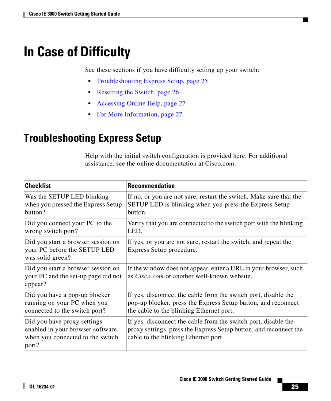 Cisco Systems IE 3000 warranty Case of Difficulty, Troubleshooting Express Setup 