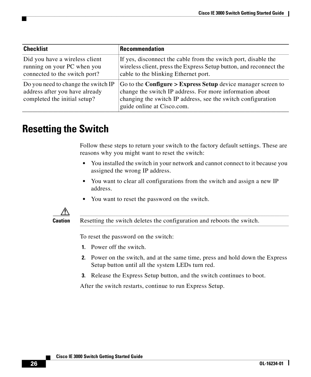 Cisco Systems IE 3000 warranty Resetting the Switch 