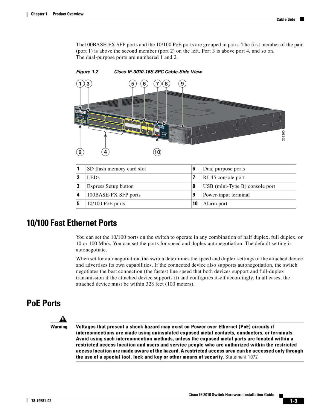 Cisco Systems IE 3010 manual 10/100 Fast Ethernet Ports, PoE Ports 