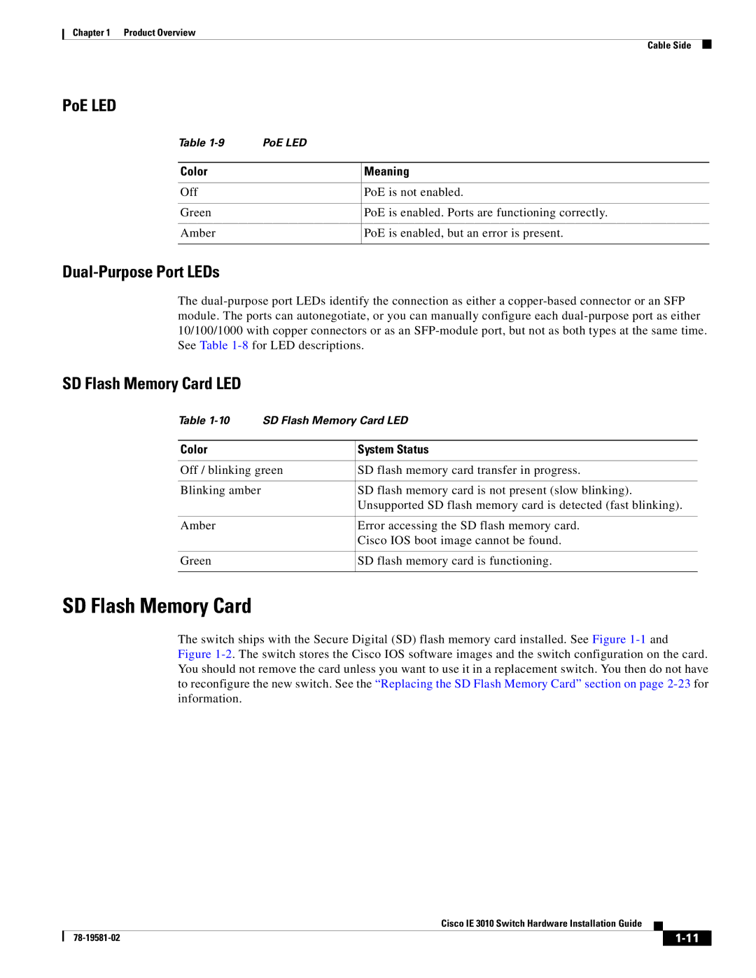 Cisco Systems IE 3010 manual PoE LED, Dual-Purpose Port LEDs, SD Flash Memory Card LED, Color 