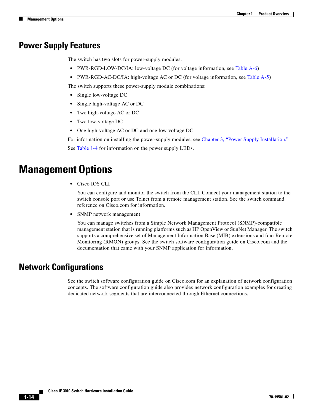 Cisco Systems IE 3010 manual Management Options, Power Supply Features, Network Configurations 