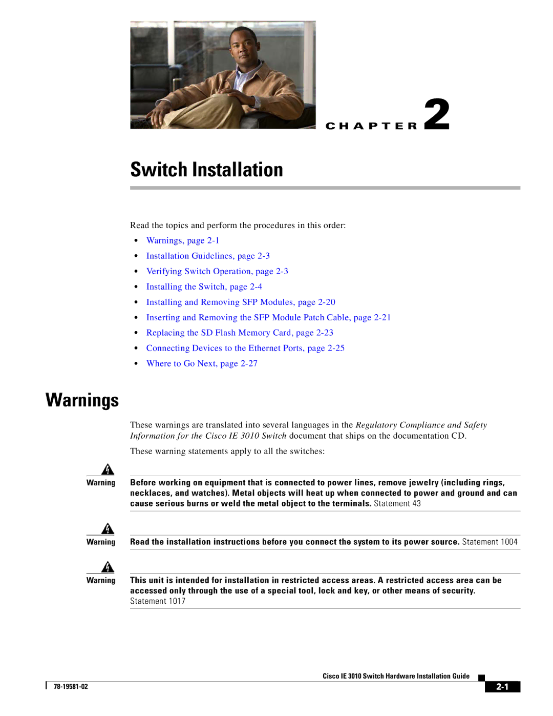 Cisco Systems IE 3010 manual Switch Installation 