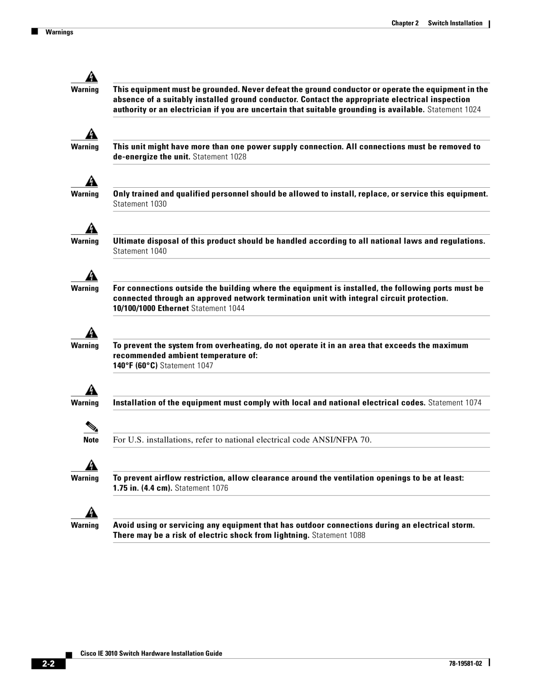 Cisco Systems IE 3010 manual 75 in .4 cm. Statement 