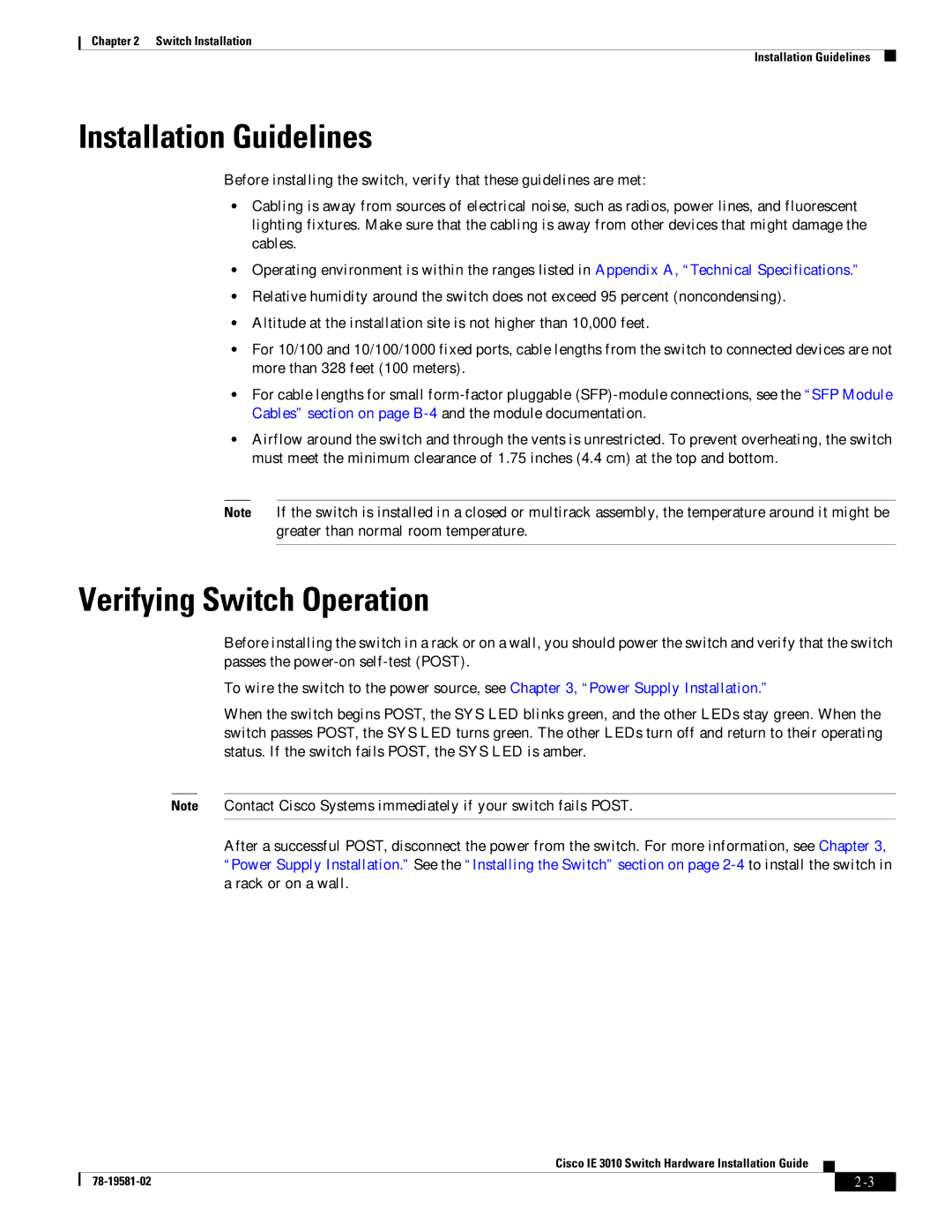 Cisco Systems IE 3010 manual Installation Guidelines, Verifying Switch Operation 